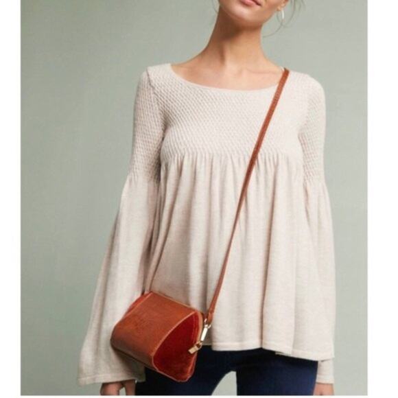 Anthropologie Sweater Size XS Oatmeal Bell Sleeve Smocked Knit Babydoll Pullover - Picture 1 of 12